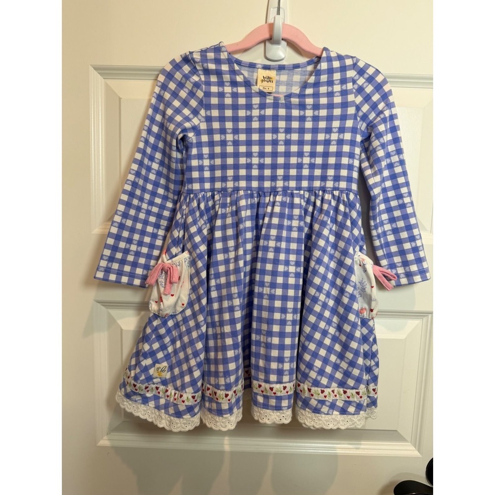 32. Wildflowers Girls Blue Gingham Heart Long Sleeve Lace Trim Dress Size 4